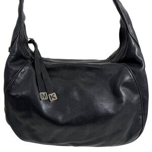 Vintage Michael Kors Black Leather Slouchy Hobo Shoulder Hand Bag w/ MK Zip Pull
